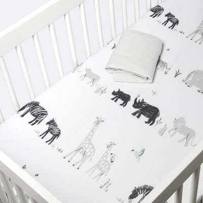 Fitted Jersey Crib Sheet 2pk - Cloud Island™ Two By Two Animals And Solid Gray 2 Fitted Jersey Crib Sheet 2pk - Cloud Island™ Two By Two Animals And Solid Gray - Image 2