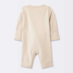 Baby 3pk Cotton Romper - Cloud Island™ Khaki Preemie: Long Sleeve, Front Hook And Loop Fastener, Solid & Stripe Patterns