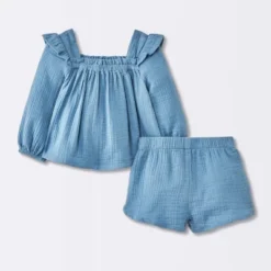 Baby Girls' 2pc Gauze Long Sleeve Top And Bloomer Set - Cloud Island™ Blue